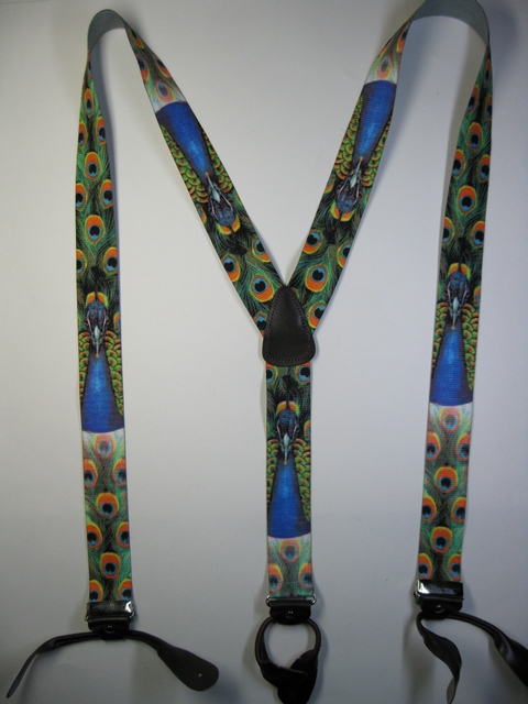 WILDLIFE PEACOCK Button On. 1 1/2"x 54" "Y" Style Leather Ends. Entirely Stretchable Hand Washable and Hang to Dry Cotton/Polyester Material. YB-PB130N54WLPC